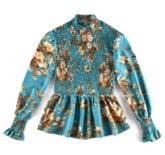 Women's waist round neck shirt 2023 blue spring long sleeve flower shirt