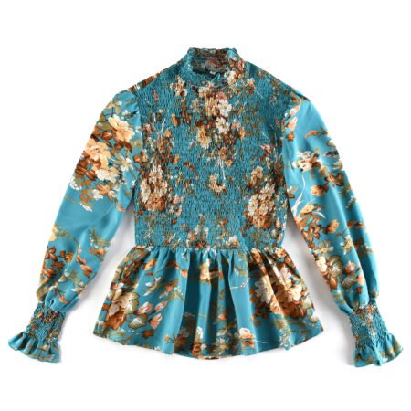 Women's waist round neck shirt 2023 blue spring long sleeve flower shirt