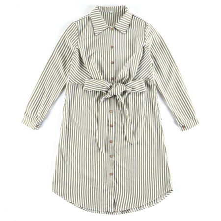 Long sleeved striped shirt Spring 2023 white women's waist closing one-piece shirt