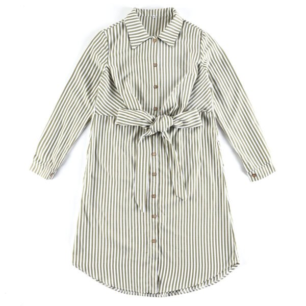 Long sleeved striped shirt Spring 2023 white women's waist closing one-piece shirt