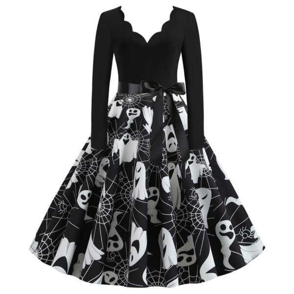 Halloween Ghost Spider Web V-Neck Long Sleeve Sexy Print Swing Dress