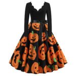 Halloween Pumpkin V-Neck Long Sleeve Sexy Print Swing Dress