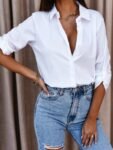 Women's Clothing V-neck Solid Button Long Sleeve Casual Blouse