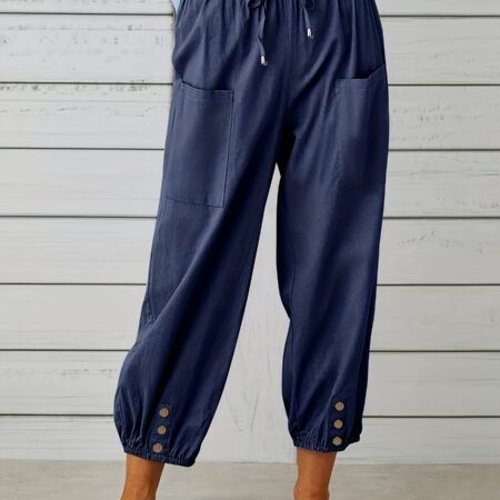 Women's Casual Pants Solid Drawstring Elastic Button Decor Cotton Pants